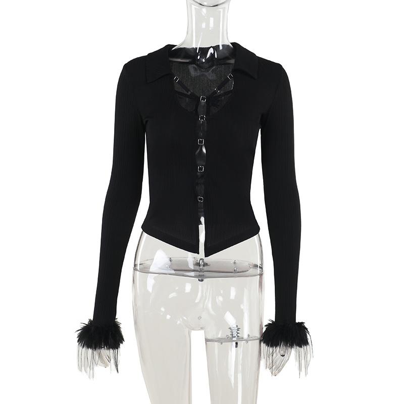 Turnover collar long sleeve fluffy button knitted top