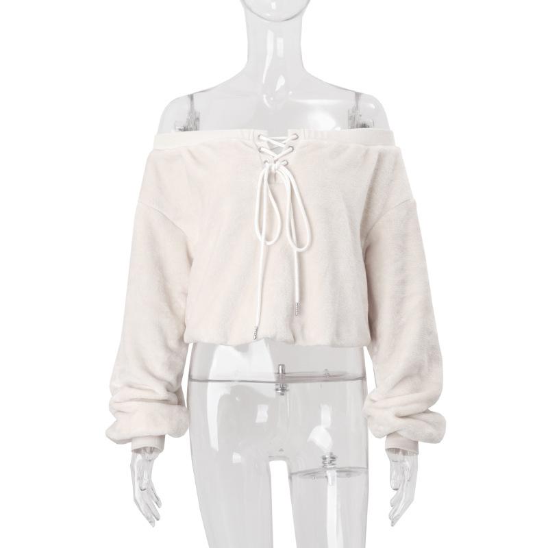 Off shoulder long sleeve fluffy self tie top