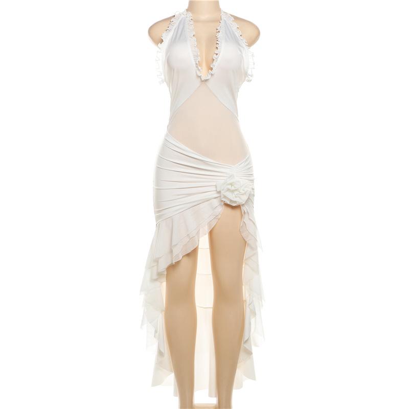 Halter ruffle ruched mesh flower applique maxi dress