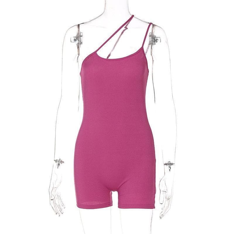 Solid one shoulder backless romper