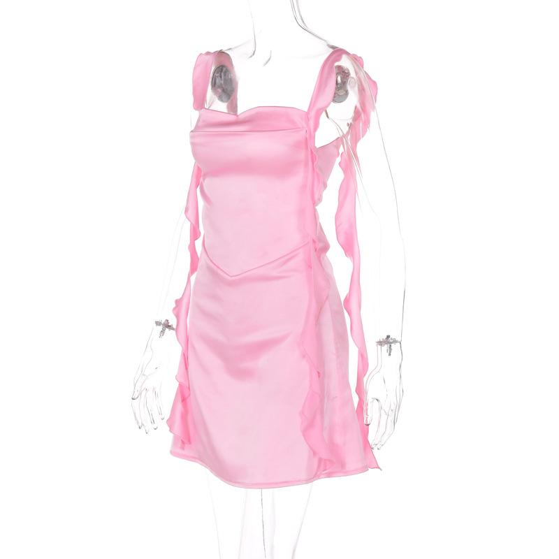 Cowl neck ruffle satin ruched cami mini dress