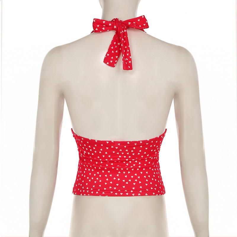 V neck halter polka dot print backless top