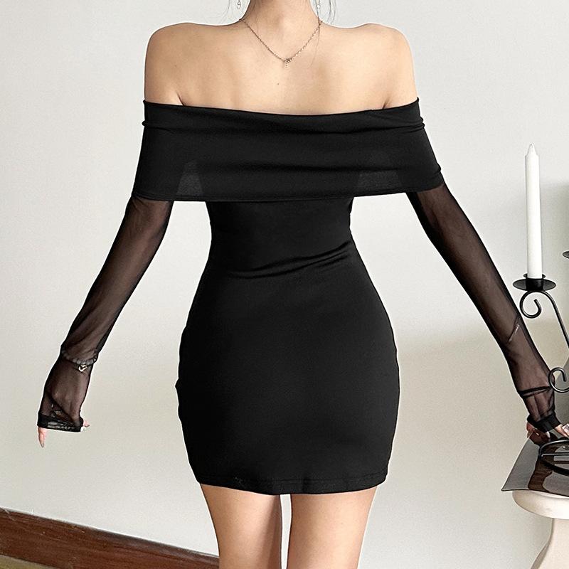 Off shoulder long sleeve mesh bowknot mini dress