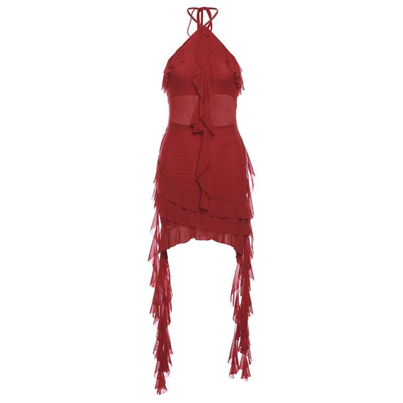 Halter sheer mesh ruffle backless mini dress  | red tango dress  | samba dress