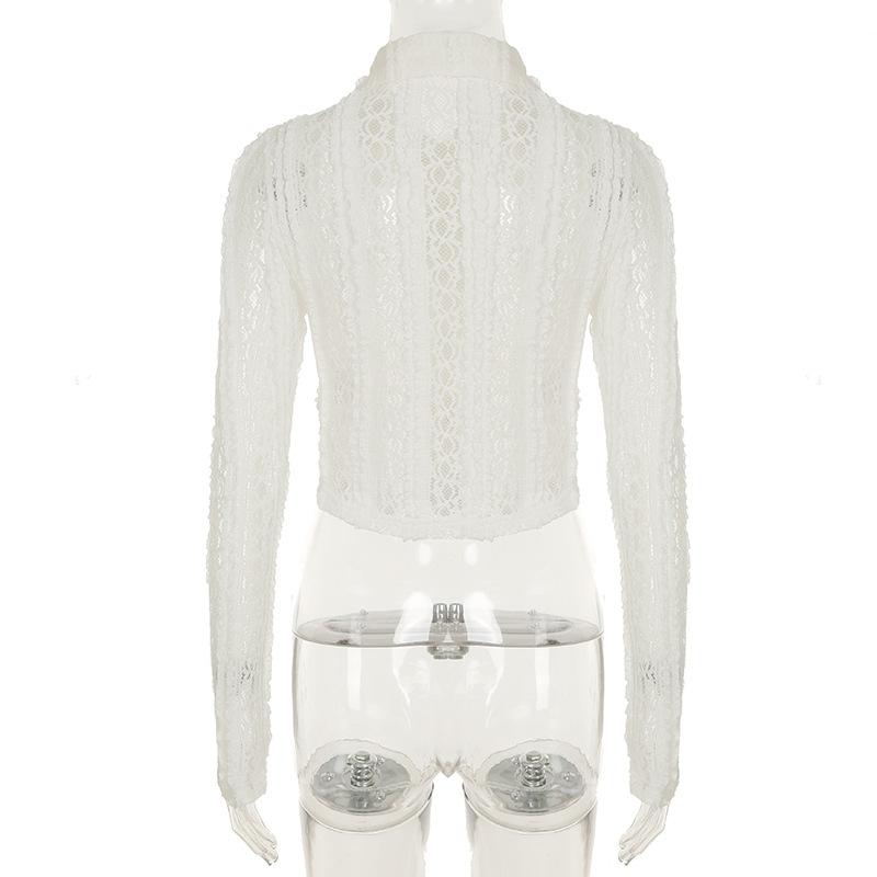 Long sleeve turnover collar lace button top