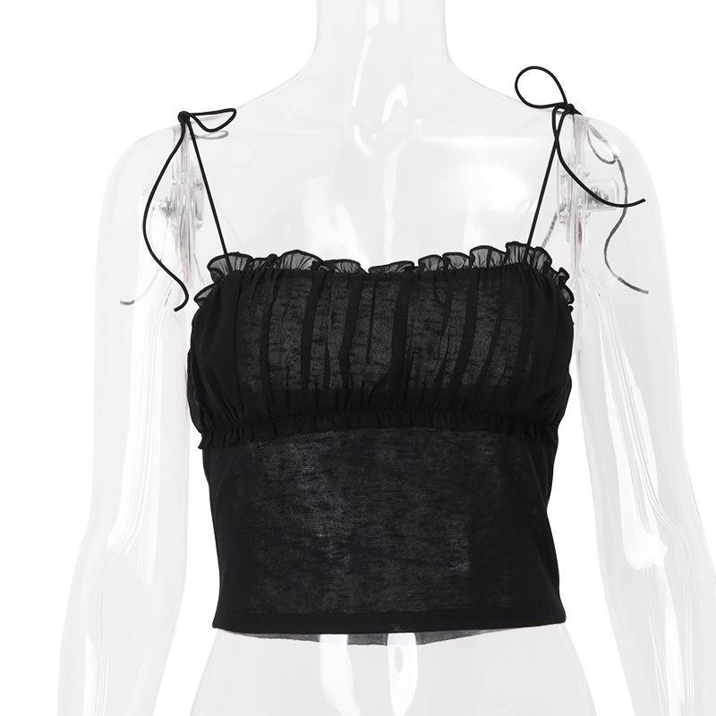 Mesh ruched ruffle knotted cami top