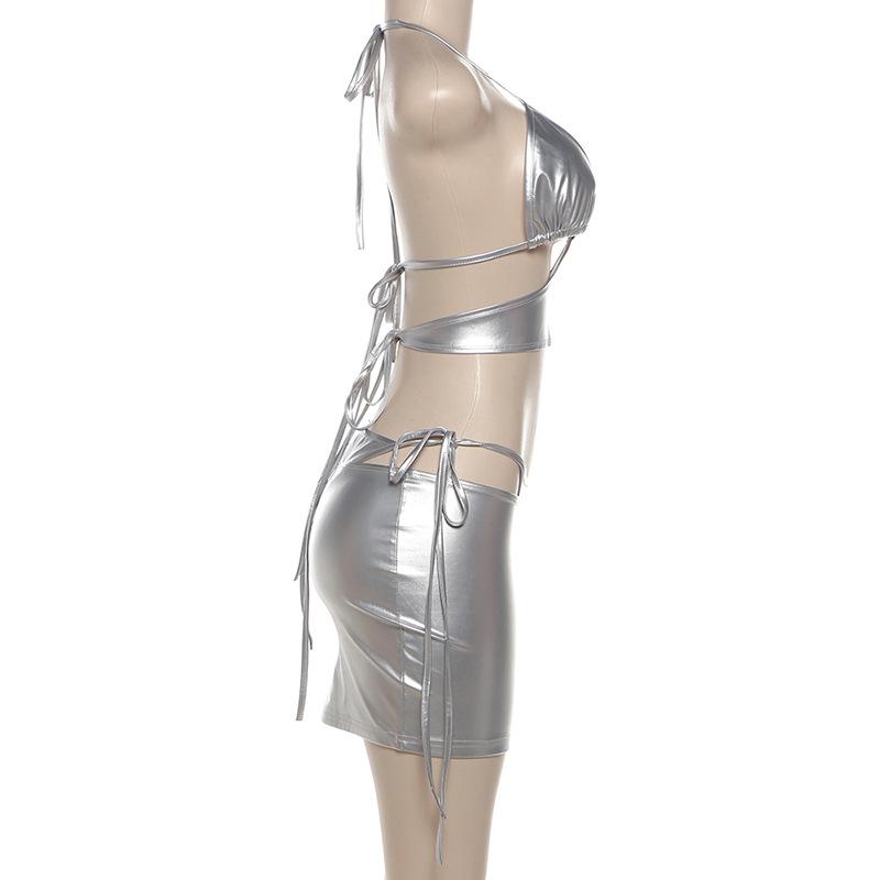 Halter PU leather metallic hollow out 3 piece mini skirt set