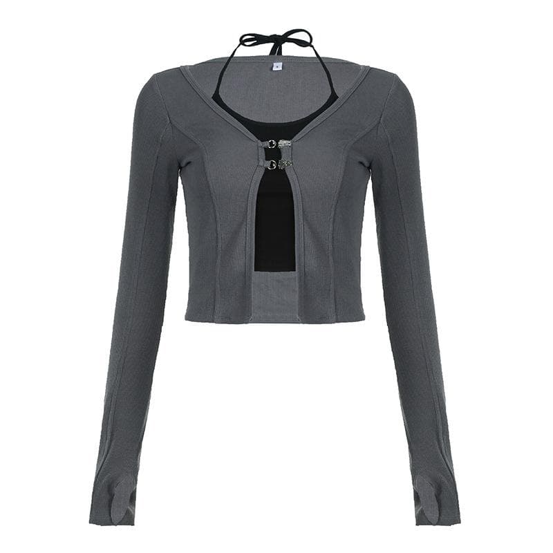 Button stitch long sleeve gloves contrast halter 2 piece crop top