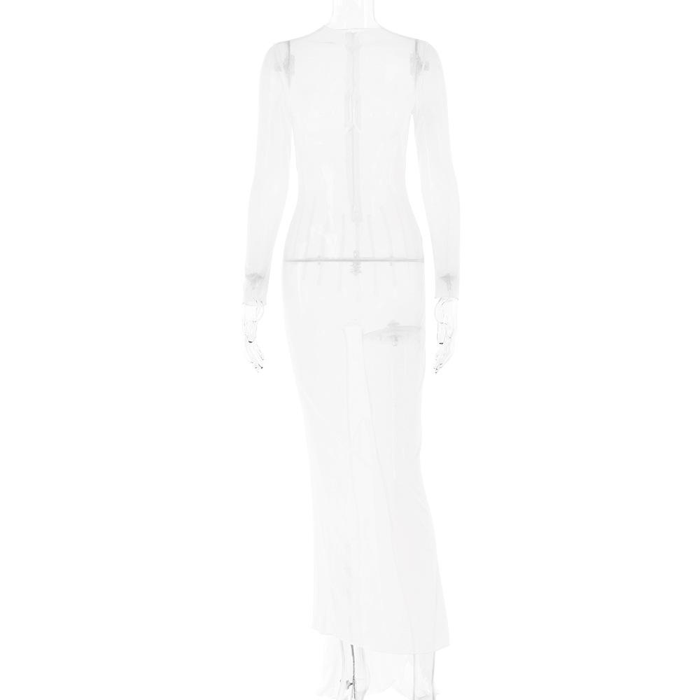 Long sleeve sheer mesh zip-up stitch maxi dress  | samba dress