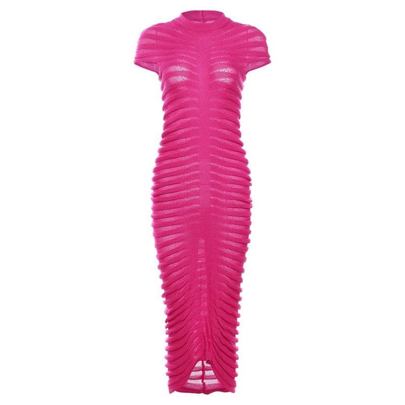 Knitted solid short sleeve crewneck see through maxi dress  | red tango dress