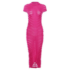 Knitted solid short sleeve crewneck see through maxi dress  | red tango dress