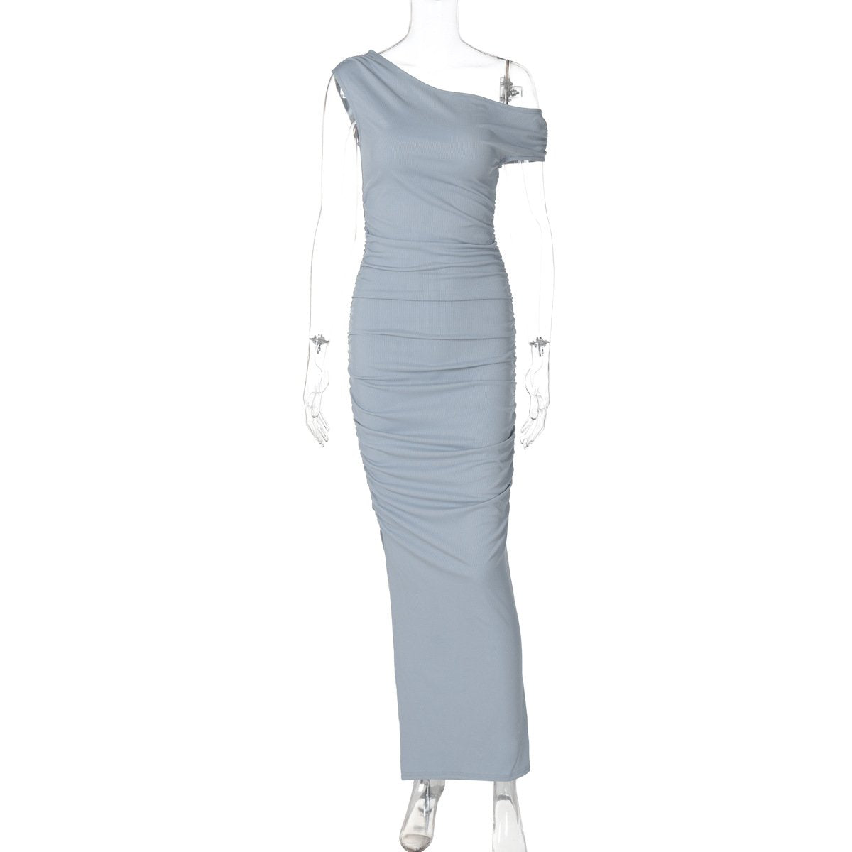 One shoulder ruched ribbed solid maxi dress