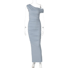 One shoulder ruched ribbed solid maxi dress