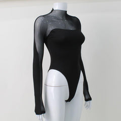 Long sleeve high neck mesh patchwork bodysuit