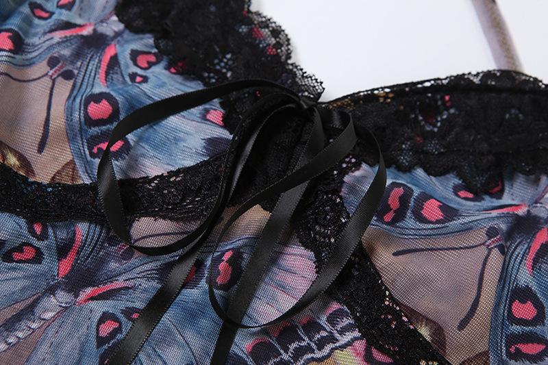 Cross back lace hem slit butterfly print v neck mini dress