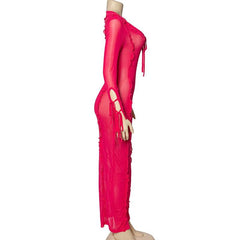 Ruffle turtle neck sheer mesh see through long sleeve maxi dress  | red tango dress  | samba dress