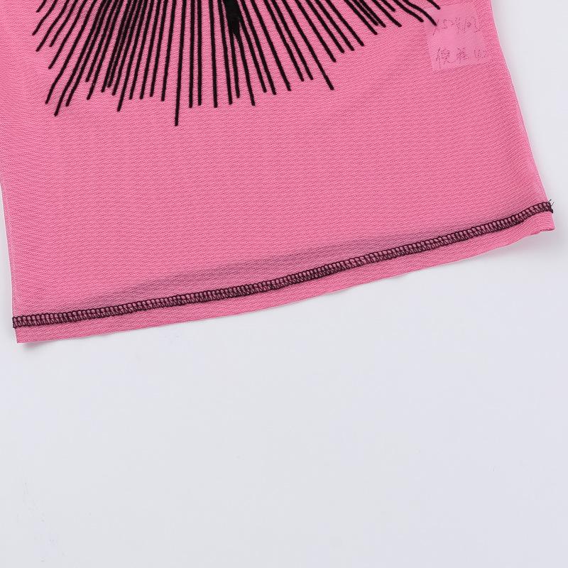 Sleeveless crewneck print sheer mesh stitch top