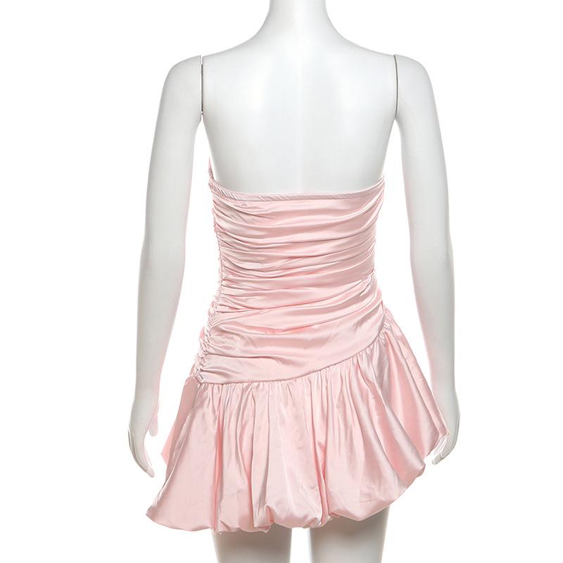 Ruched zip-up satin sweetheart neck backless mini dress