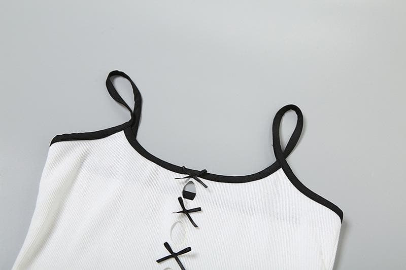 U neck hollow out bowknot stitch cami cut out top
