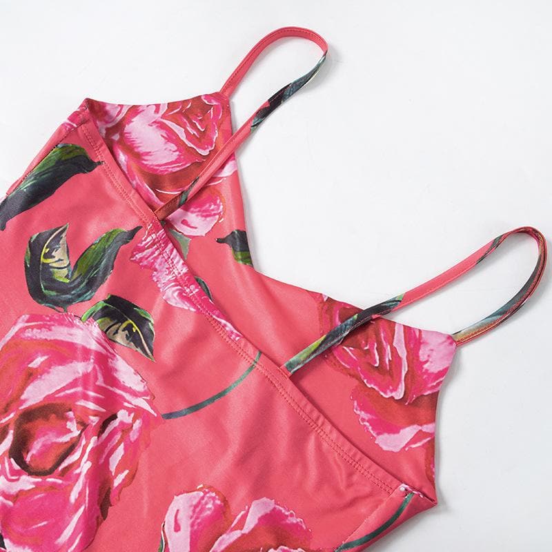 Rose print v neck backless cami mini dress  | red tango dress