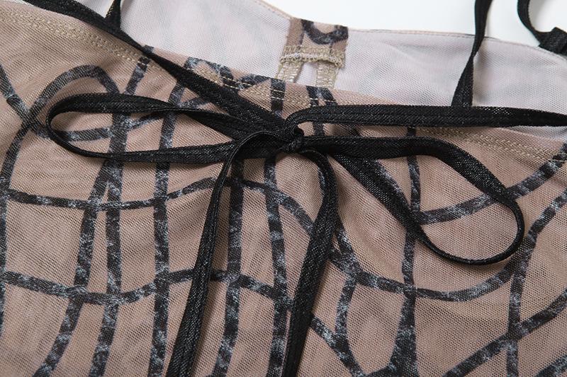 Sheer mesh striped print self tie cami mini skirt set