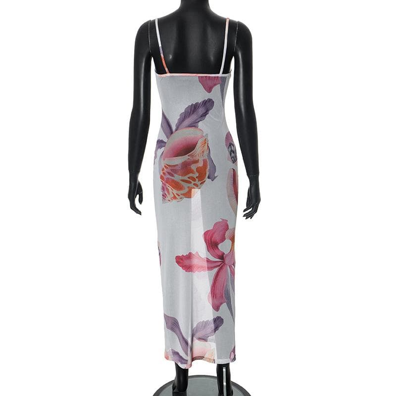 Sheer mesh flower print cami maxi dress  | samba dress
