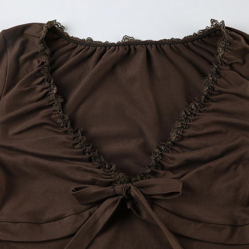 V neck long sleeve lace hem ruched bowknot top