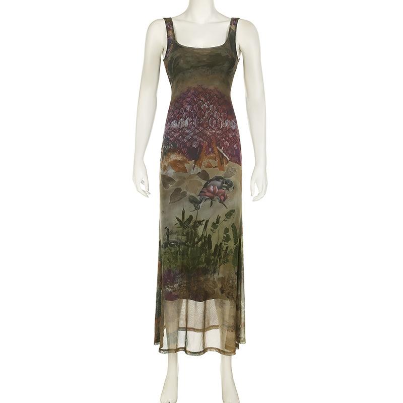 Square neck print contrast mesh midi dress