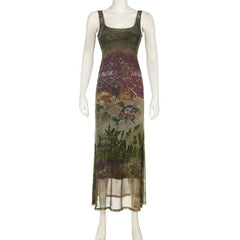 Square neck print contrast mesh midi dress