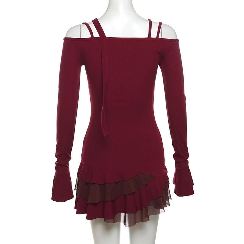 Metal chain button ruffle contrast off shoulder long sleeve mini dress  | red tango dress