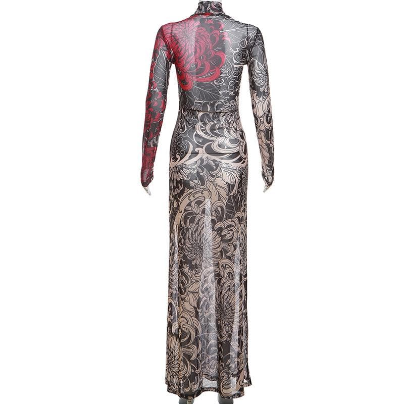 Long sleeve high neck print sheer mesh maxi dress  | samba dress