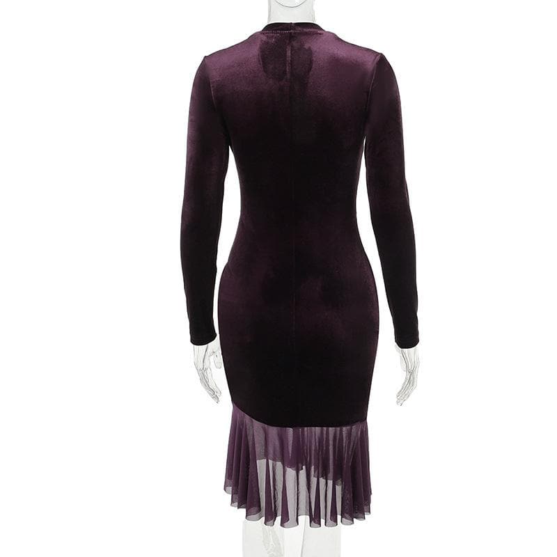 Velvet button ruffle long sleeve v neck solid midi dress  | red tango dress
