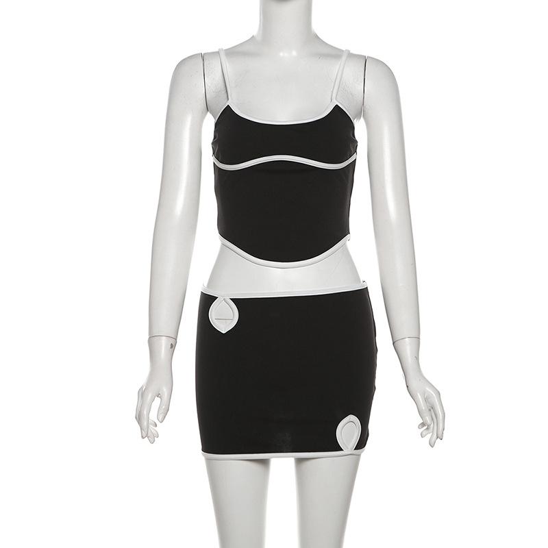 U neck stitch hollow out cami mini skirt set