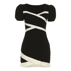 Short sleeve puff sleeve contrast ruffle irregular mini dress