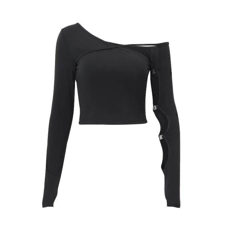Long sleeve one shoulder button hollow out  irregular solid cut out top