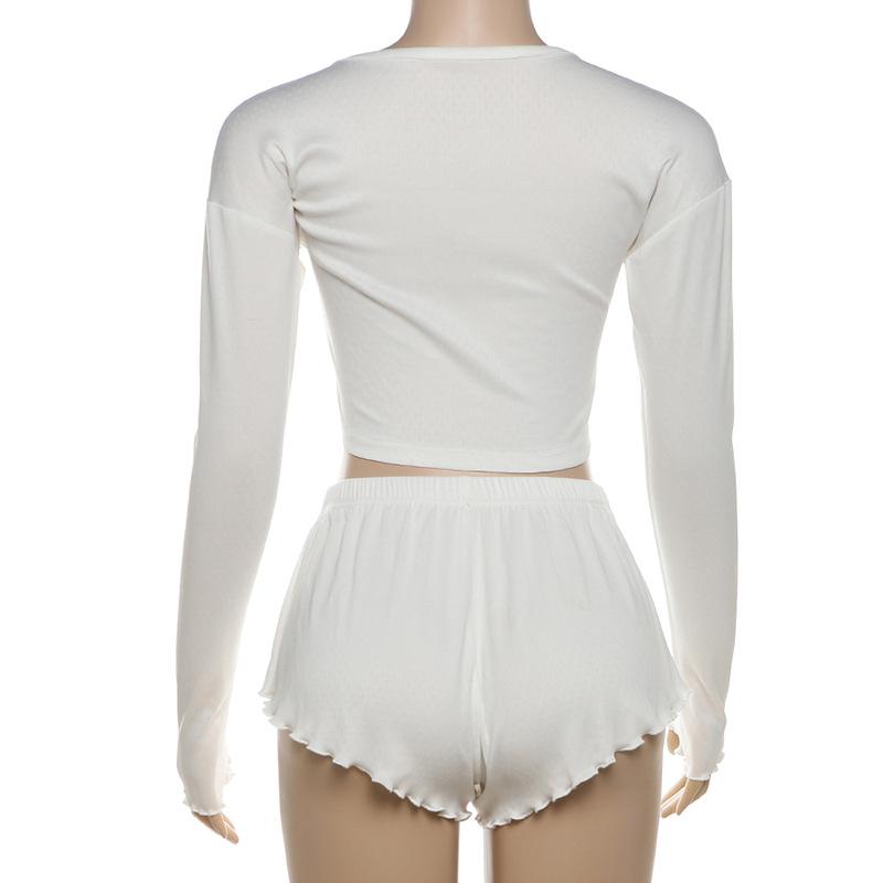Long sleeve textured ruffle button short pant set