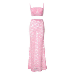 Sheer lace see through tube maxi skirt set