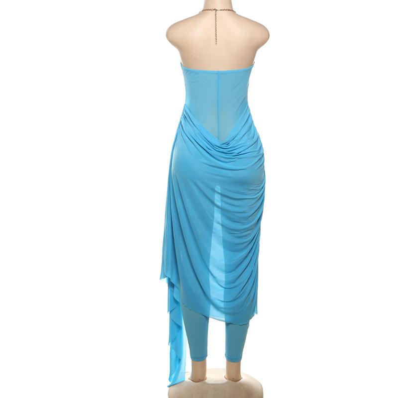 Metal chain halter ruched sheer mesh hollow out maxi dress  | samba dress