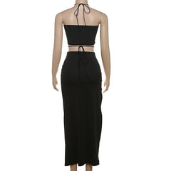 Halter cross front self tie o ring high slit maxi dress  | black rave dress