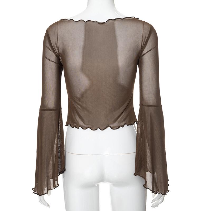 Long flared sleeve mesh patchwork butterfly pattern top
