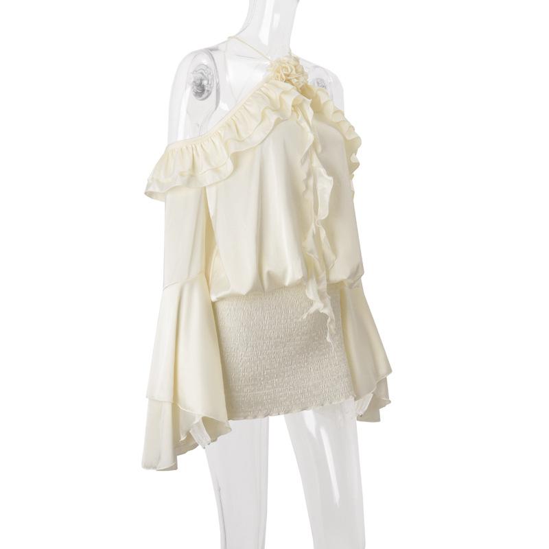 Flared sleeve halter backless ruffle drawstring mini dress