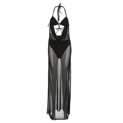 Ruched sheer mesh solid halter self tie backless 3 piece maxi dress  | samba dress