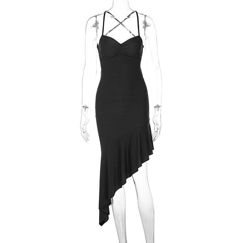 Ruched irregular cross back ruffle cami midi dress  | black rave dress