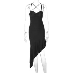 Ruched irregular cross back ruffle cami midi dress  | black rave dress