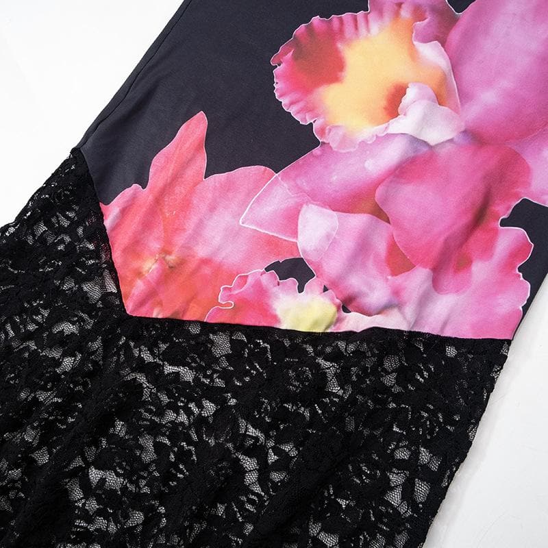 Lace flower print patchwork backless tube maxi dress