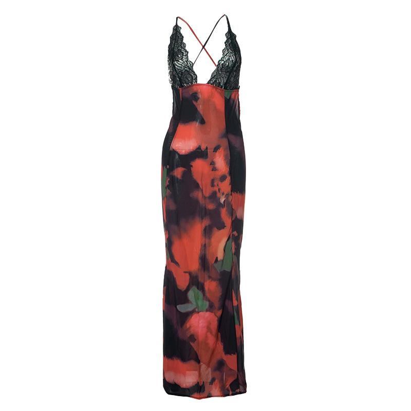 V neck lace hem backless print cami maxi dress  | red tango dress
