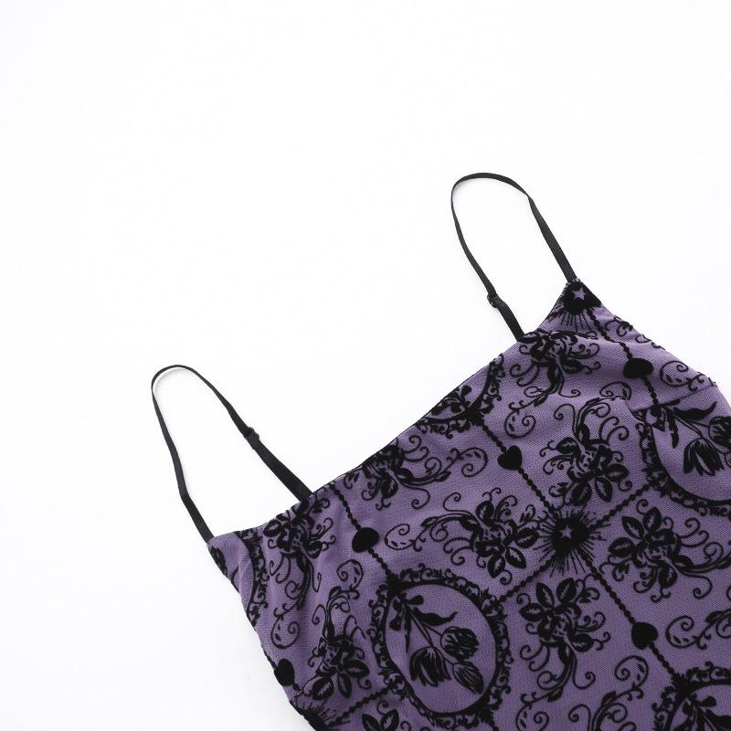 U neck velvet print mesh ruffle cami mini dress