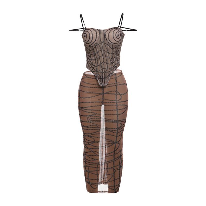 Sheer mesh striped print self tie cami mini skirt set