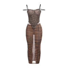 Sheer mesh striped print self tie cami mini skirt set