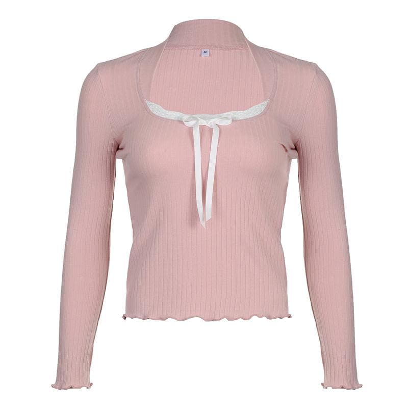 Lace hem contrast long sleeve bowknot ruffle top